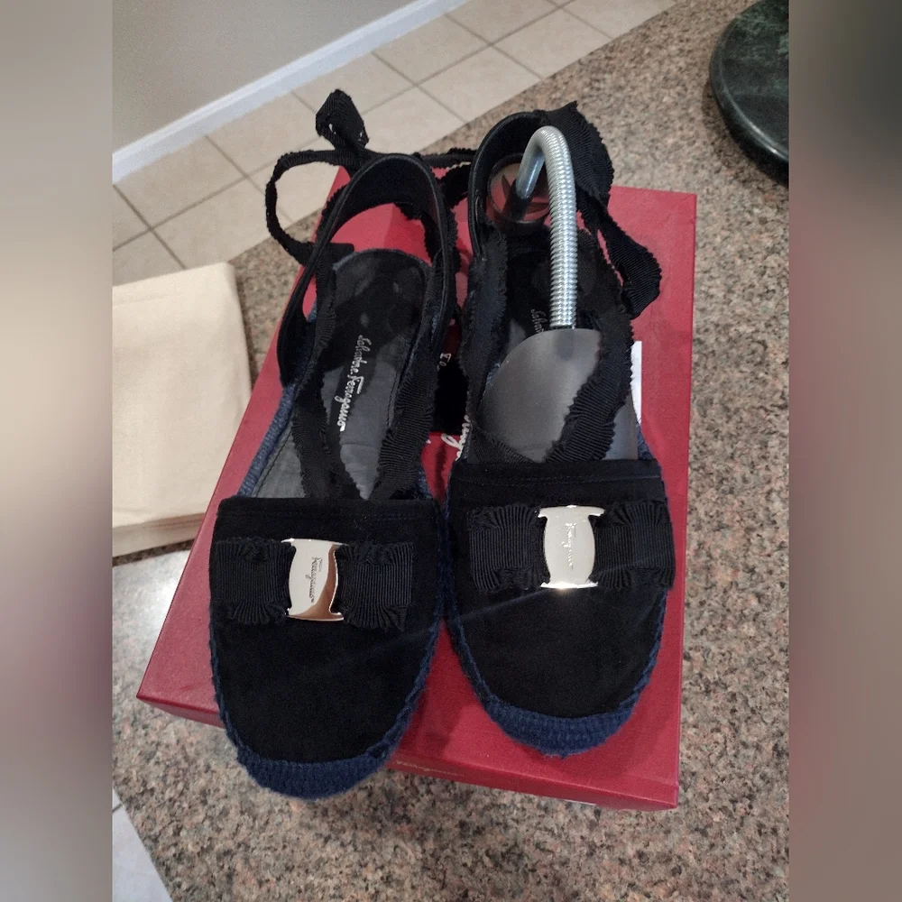 Salvatore Ferragamo Black Suede Espadrilles size 8 m .
